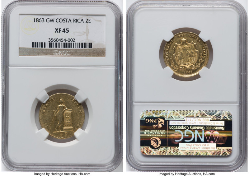 Republic gold 2 Escudos 1863-GW XF45 NGC, San Jose mint, KM99, Fr-8. Mintage: 5,...