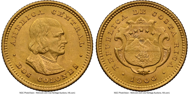 Republic gold 2 Colones 1900 MS66 NGC, Philadelphia mint, KM139, Fr-22. Of the a...