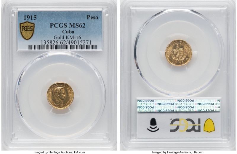 Republic gold Peso 1915 MS62 PCGS, Philadelphia mint, KM16. HID09801242017 © 202...