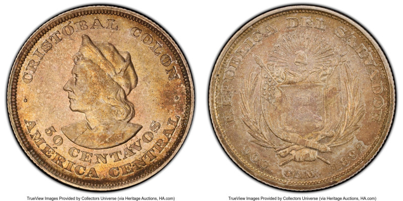 Republic 50 Centavos 1892-C.A.M. AU58 PCGS, San Salvador mint, KM113. Dappled to...