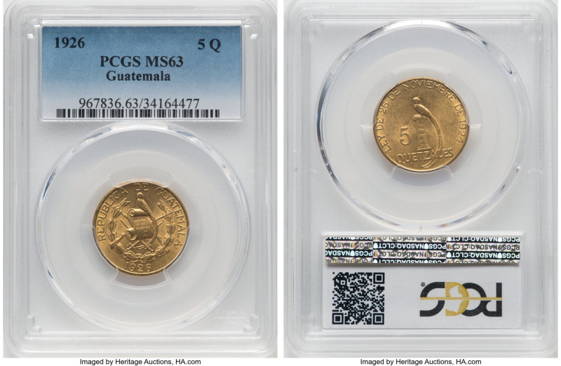 Republic gold 5 Quetzales 1926-(p) MS63 PCGS, Philadelphia mint, KM244. HID09801...