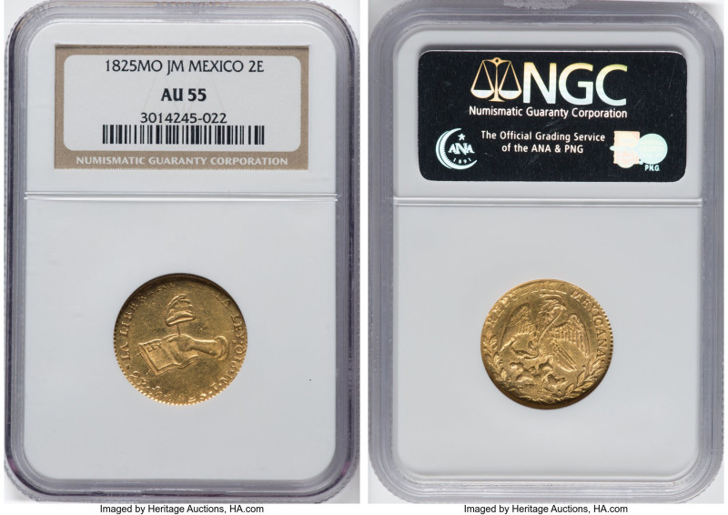 Republic gold 2 Escudos 1825 Mo-JM AU55 NGC, Mexico City mint, KM380.7, Fr-87. E...