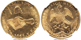 Republic gold 8 Escudos 1868/58 Go-YF MS62 NGC, Guanajuato mint, KM383.7, Fr-72. A breathtaking and popular overdated issue, broadcasting boisterous l...