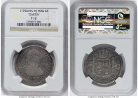 Charles III 4 Reales 1775 LIMAE-MJ F12 NGC, Lima mint, KM77, Cal-836. A fully legible, problem-free "Gartia" error variety that we expect to elicit en...