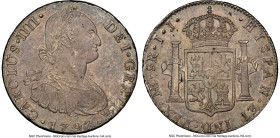 Charles IV 8 Reales 1797 LM-IJ MS62 NGC, Lima mint, KM97, Cal-915. An alluring near-Choice offering dressed in subtle polychromatic hues. HID098012420...