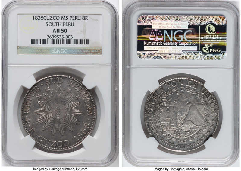 South Peru. Republic 8 Reales 1838 CUZCO-MS AU50 NGC, Cuzco mint, KM170.4. Evoca...