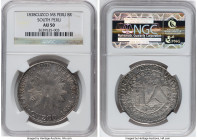 South Peru. Republic 8 Reales 1838 CUZCO-MS AU50 NGC, Cuzco mint, KM170.4. Evocative sunface type with a lavishly symbolic reverse. The steel-gray sur...