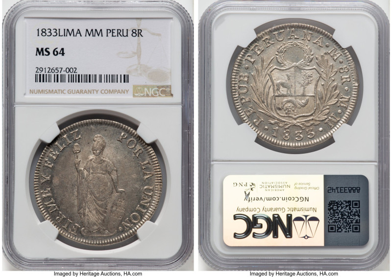 Republic 8 Reales 1833 LM-MM MS64 NGC, Lima mint, KM142.3. A stunning representa...