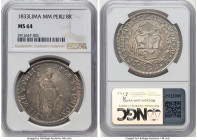 Republic 8 Reales 1833 LM-MM MS64 NGC, Lima mint, KM142.3. A stunning representative of the type whose level of preservation remains unmatched an NGC ...