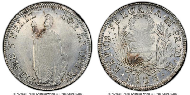 Republic 8 Reales 1833 LM-MM MS61 PCGS, Lima mint, KM142.3. Only 15 examples of ...