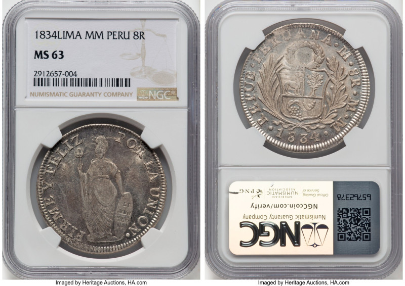 Republic 8 Reales 1834 LM-MM MS63 NGC, Lima mint, KM142.3. Wholly original and l...