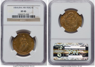 Republic gold 4 Escudos 1854 LIMA-MB XF45 NGC, Lima mint, KM150.3, Fr-64. Captivating one-year type featuring standing liberty, accented by a burgundy...