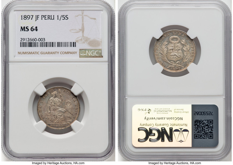 Republic 1/5 Sol 1897-JF MS64 NGC, Lima mint, KM205.2. HID09801242017 © 2024 Her...