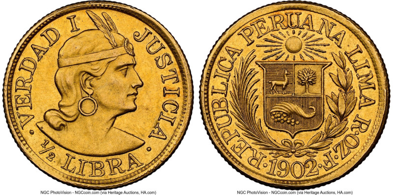 Republic gold 1/2 Libra 1902-ROZF AU58 NGC, KM209. HID09801242017 © 2024 Heritag...