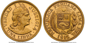 Republic gold Libra 1915 LIMA-PVG MS63+ NGC, Lima mint, KM207. A low-mintage issue with golden resplendence throughout, nearing the peak of the certif...