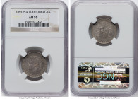 Spanish Colony. Alfonso XIII 20 Centavos 1895-PGV AU55 NGC, Madrid mint, KM22. One-year type. Subtle tones of cobalt and violet invigorate the slatey ...
