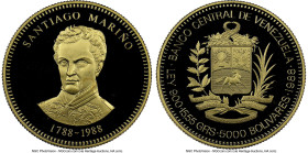 Republic gold Proof "Marino Bicentennial" 5000 Bolivares 1988 PR69 Ultra Cameo NGC, Royal Canadian mint, KM-Y63. HID09801242017 © 2024 Heritage Auctio...