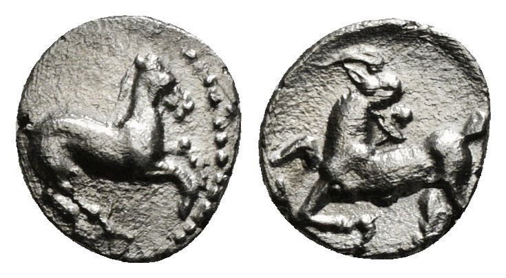 CILICIA. Kelenderis. Obol (3rd century BC).
Obv: Horse rearing right.
Rev:Goat k...