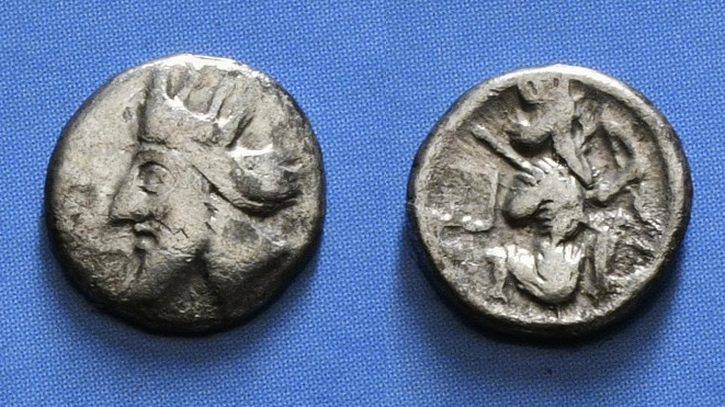 CILICIA. Uncertain. Hemiobol (4th century BC).
Obv: Crowned head of bearded satr...