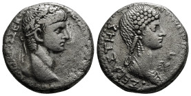 SELEUCIS & PIERIA. Antioch. Nero with Agrippina II (54-68). Tetradrachm. Dated year 105 of the Caesarean Era and RY 3 (56/7).
Obv: NEPΩNOΣ KΛAYΔIOY Θ...