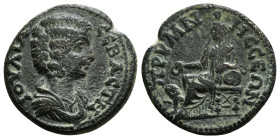 PHRYGIA. Prymnessus. Julia Domna (Augusta, 193-217). Ae.
Obv: IOVΛIA CЄBAC.
Draped bust right.
Rev: ΠPVMNHCCЄΩN.
Cybele seated left on throne, holding...