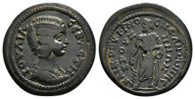 PHRYGIA. Bruzus. Julia Domna (Augusta, 193-217). Ae. Obv: IOVΛIA CЄBACTH. Draped bust right. Rev: ΚΑΙΚ ΡΟVΦΙΝΟC ΑΝЄΘΗΚЄ / ΒΡΟVZΗΝΩΝ. Asklepios standin...