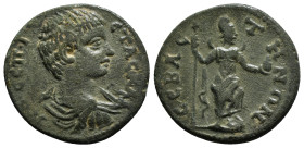 PHRYGIA. Sebaste. Geta as Caesar (198-209 AD) AE 
Obv: ΠO CEΠ ΓETAC KAI. Bare-headed, draped, cuirassed bust of Geta, right.
Rev: CEBACTHNΩN. Mên stan...