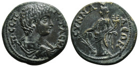 PHRYGIA. Synnada. Geta AD 198-211.
Obv: Π CЄΠ ΓЄTAC KA - Bareheaded draped bust right
Rev: CYNNAΔEΩN - Tyche standing left, holding rudder and cornuco...