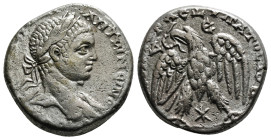 SELEUCIS & PIERIA. Antioch. Elagabalus (218-222). Tetradrachm.
Obv: AVT K M ANTWNЄINOC CЄB.
Laureate bust right, with slight drapery.
Rev: ΔHMAPX ЄΞ Y...