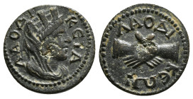 Phrygia. Laodikeia ad Lycum. Pseudo-autonomous issue AD 193-235. Æ
ΛΑΟΔΙΚΕΙΑ, draped and turreted bust of Tyche right / ΛΑΟΔΙΚΕΩΝ, clasped right hands...