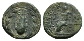 CILICIA. Tarsos. Ae (164-27 BC).
Obv: Filleted, upright club within wreath.
Rev: TΑΡΣΕΩΝ.
Zeus Nikephoros seated left on throne, holding sceptre and N...