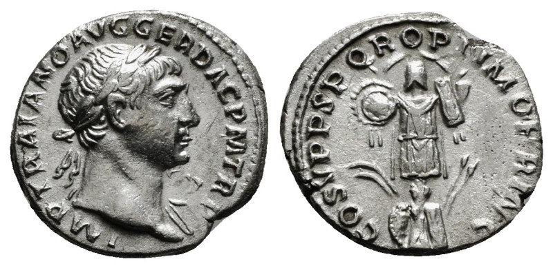 TRAJAN (98-117). Denarius. Rome.
Obv: IMP TRAIANO AVG GER DAC P M TR P.
Laureate...