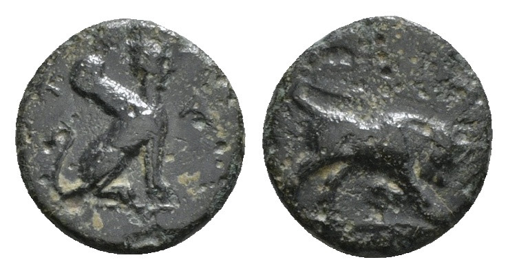 CARIA. Kaunos. (circa 350-300 BC) AE Obv: K-A, Sphinx seated right Rev:Bull butt...