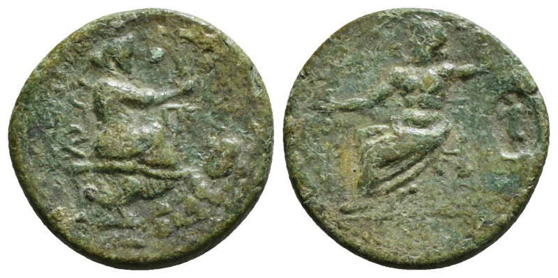 CILICIA. Tarsos. Ae (164-27 BC).
Obv: Tyche seated right on chair, holding grain...