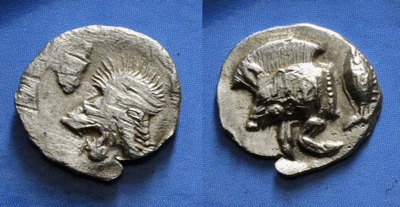 MYSIA. Kyzikos. Hemiobol (Circa 450-400 BC).
Obv:: Head of lion left
Rev: Forepa...