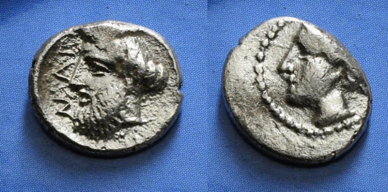 CILICIA. Nagidos. Obol (Circa 400-380 BC).
Obv: ΝΑΓΙ.
Bearded head of Dionysos l...