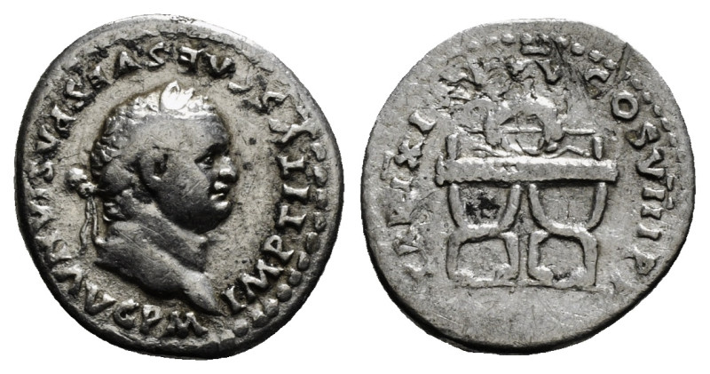 TITUS (79-81). Denarius. Rome.
Obv: IMP TITVS CAES VESPASIAN AVG P M.
Laureate h...