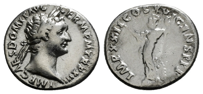 DOMITIAN (81-96). Denarius. Rome.
Obv: IMP CAES DOMIT AVG GERM P M TR P VII.
Lau...