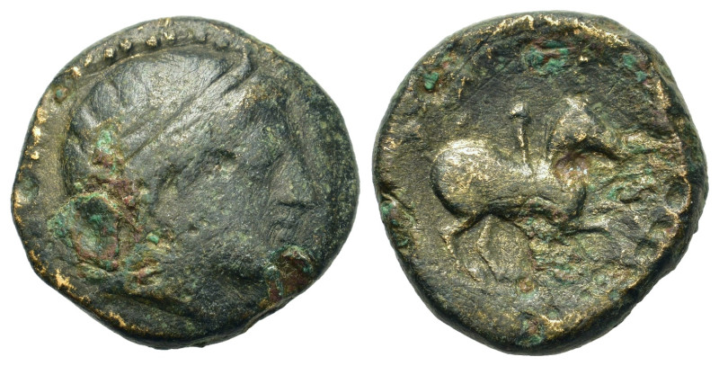 Kings of Macedon. Uncertain. Æ (17mm, 6.2g). Diademed head of Apollo r. R/ Horse...