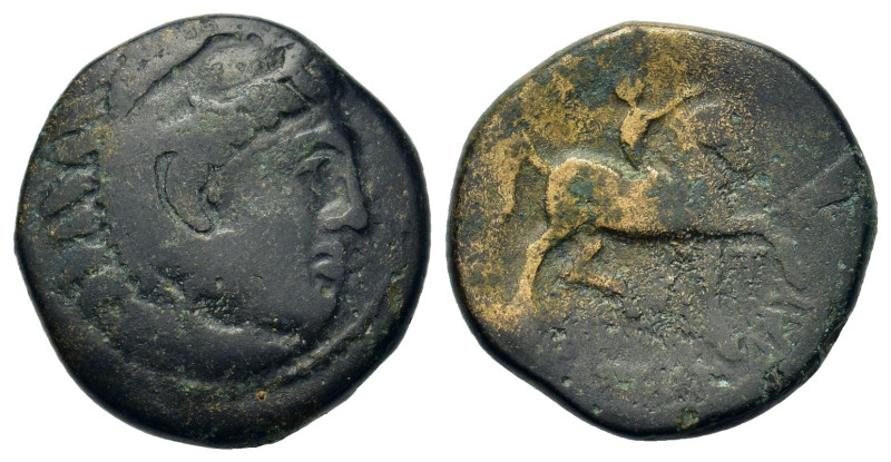 Kings of Macedon. Uncertain. Æ (19mm, 6g). Head of Herakles r. R/ Horseman right...