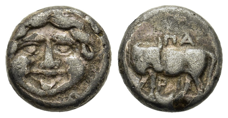 Mysia, Parion, 4th century BC. AR Hemidrachm (12mm, 2.2g). Bull standing left, h...