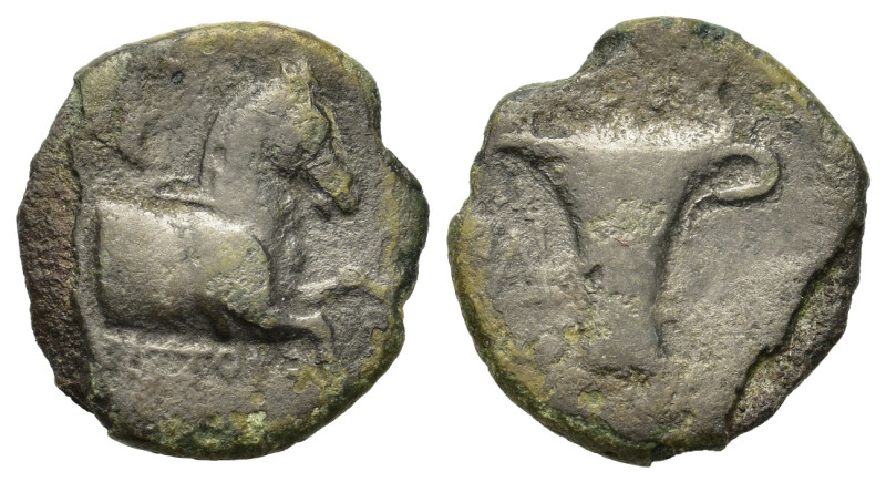 Aeolis, Kyme, c. 350-250 BC. Æ (17mm, 2.8g). Forepart of horse r. R/ Kotyle; in ...