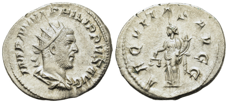 Philip I (244-249). AR Antoninianus (23mm, 3.7g). Antioch. Radiate, draped and c...