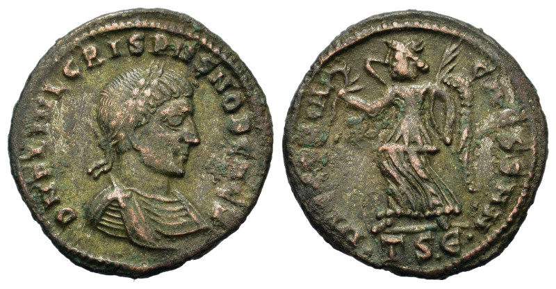 Crispus (Caesar, 316-326). Æ Follis (19mm, 2.7g). Thessalonica, 319. Laureate an...