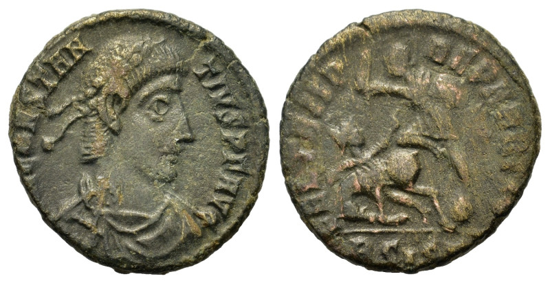 Constantius II (337-361). Æ (17mm, 2g). Siscia, AD 351-355. Pearl-diademed, drap...