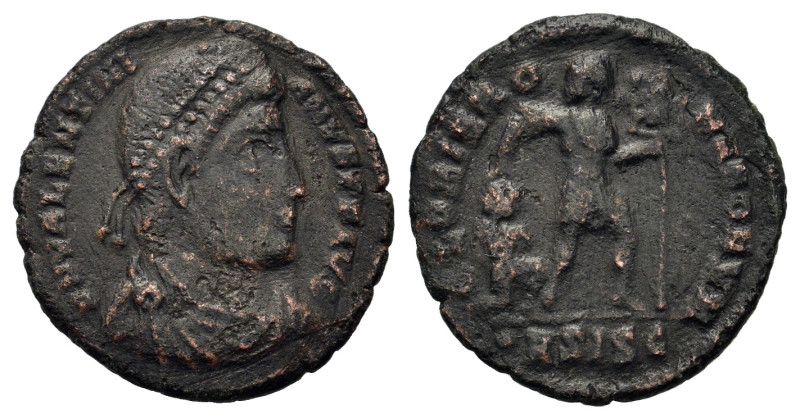 Valentinian I (364-375). Æ (18mm, 2g). Siscia, AD 367-375. Pearl-diademed, drape...