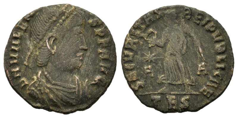 Valens (364-378). Æ (17mm, 1.7g). Thessalonica. Peral-diademed and draped bust r...