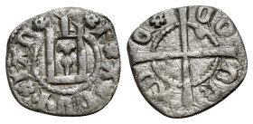 Italy, Genoa. Carlo VI of France, 1396. Billon Minuto (14mm, 0.86g, 12h). Genoese gateway. R/ Long cross. Cf Lunardi 57.