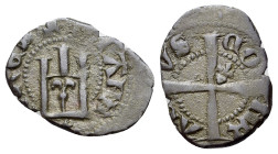 Italy, Genoa. Carlo VI of France, 1396. Billon Minuto (13mm, 0.69g, 11h). Genoese gateway, star below. R/ Long cross with fleur-de-lis. Cf Lunardi 57.