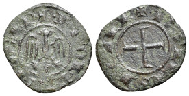 Italy, Sicily, Messina. Federico II (1197-1250). BI Denaro (15mm, 0.55g., 5h). 1245. Eagle facing, head r. R/ Cross. Spahr 133; MIR 99. Near EF
